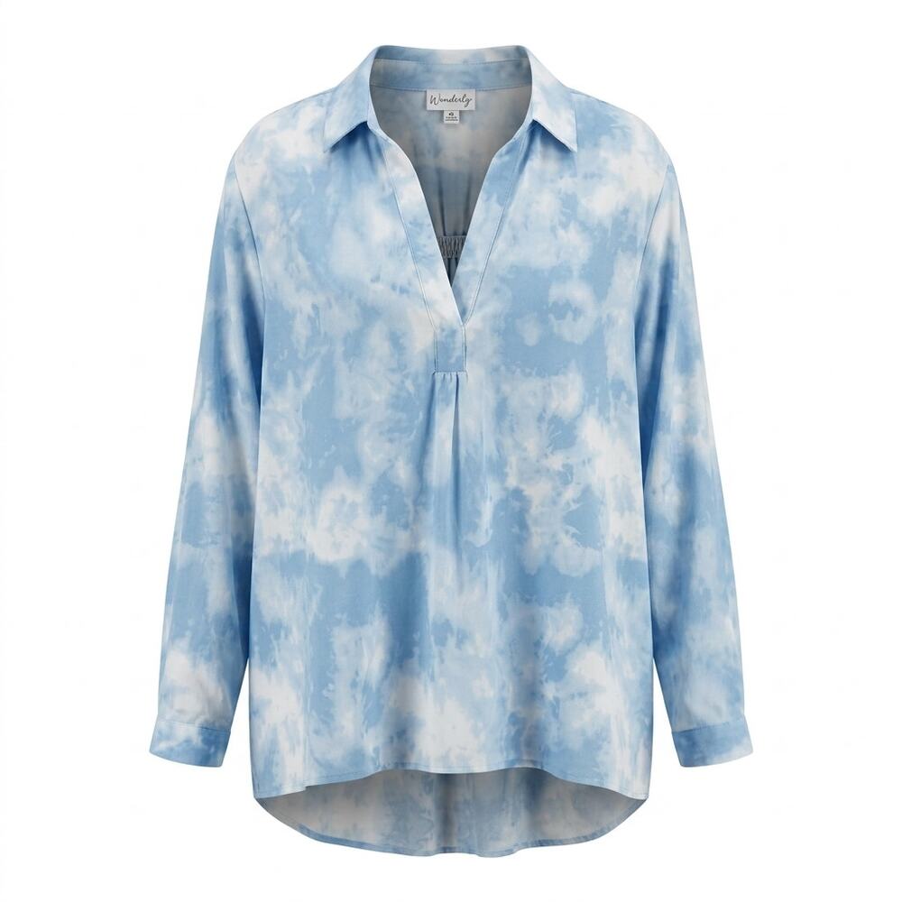 NWT Wonderly Blue Pleated V-Neck Collared Lightweight Blouse Women Size 4X